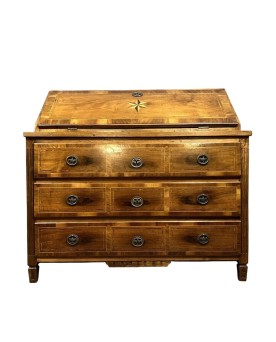 Le village de 58 brocanteurs - Commode scribanne époque louis XVI en ronce de noyer à décor marqueté
