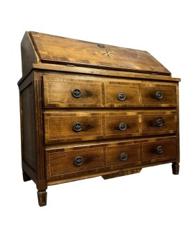 Le village de 58 brocanteurs - Commode scribanne époque louis XVI en ronce de noyer à décor marqueté