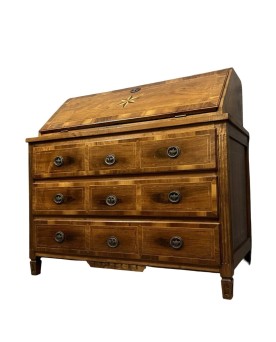 Le village de 58 brocanteurs - Commode scribanne époque louis XVI en ronce de noyer à décor marqueté