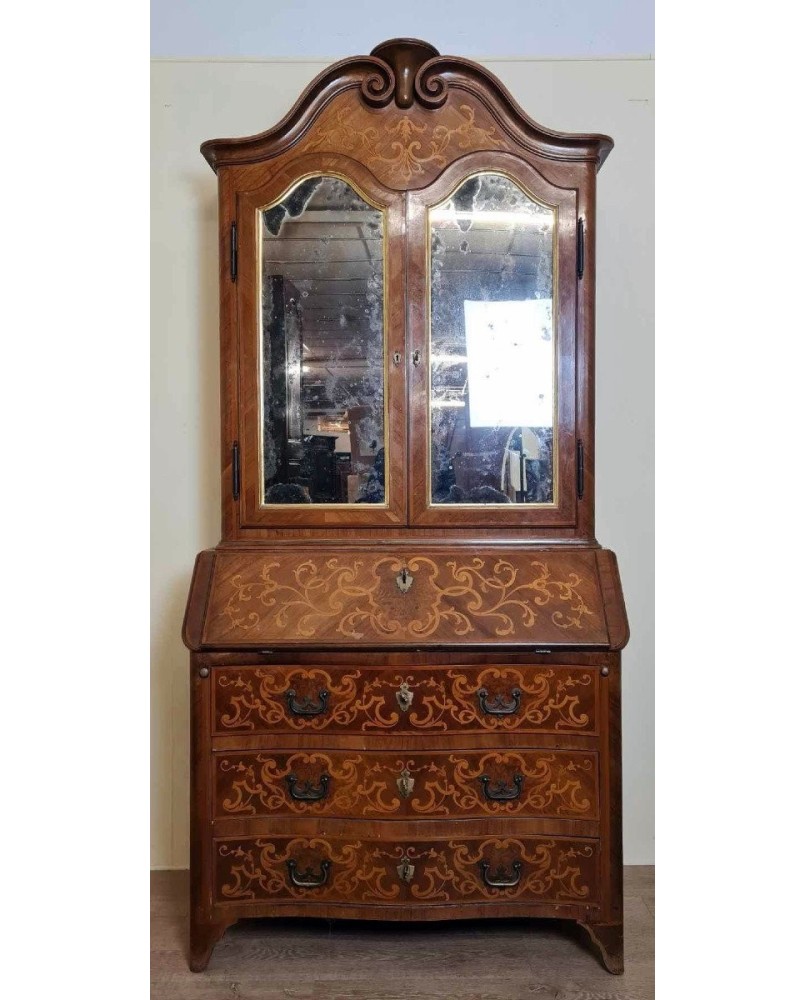 Le village de 58 brocanteurs -  Secrétaire Cabinet Style Louis XV Galbé En Noyer Et Marquèterie