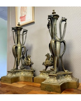 Le village de 58 brocanteurs - Paire De très grands Chenets de Chateau En Bronze doré époque Napoléon III