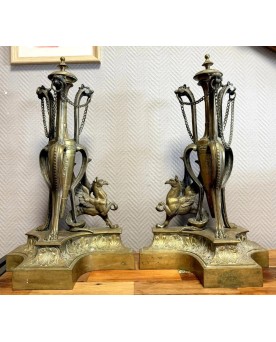Le village de 58 brocanteurs - Paire De très grands Chenets de Chateau En Bronze doré époque Napoléon III