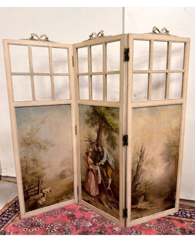 Le village de 58 brocanteurs - Paravent a trois feuilles style Louis XVI a décors Romantique et paysages