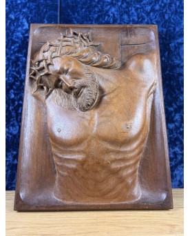 Le village de 58 brocanteurs -Sculpture En Bois Massif Représentant Le Christ à La Couronne D’épine Vers 1930