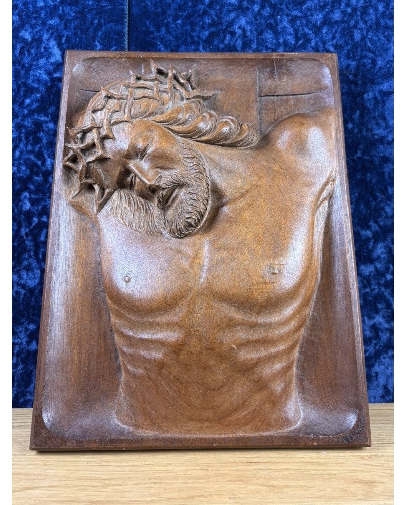 Le village de 58 brocanteurs -Sculpture En Bois Massif Représentant Le Christ à La Couronne D’épine Vers 1930