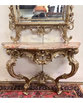 Le village de 58 brocanteurs - Importante console de chateau galbée + miroir style Louis XV en bois doré et argenté