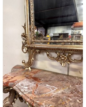 Le village de 58 brocanteurs - Importante console de chateau galbée + miroir style Louis XV en bois doré et argenté