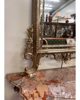 Le village de 58 brocanteurs - Importante console de chateau galbée + miroir style Louis XV en bois doré et argenté