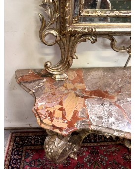 Le village de 58 brocanteurs - Importante console de chateau galbée + miroir style Louis XV en bois doré et argenté