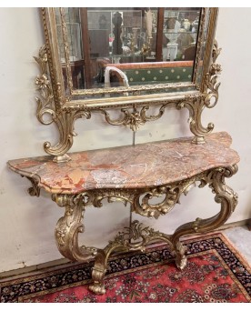 Le village de 58 brocanteurs - Importante console de chateau galbée + miroir style Louis XV en bois doré et argenté