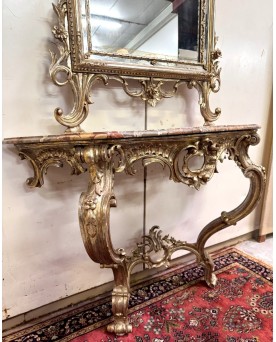 Le village de 58 brocanteurs - Importante console de chateau galbée + miroir style Louis XV en bois doré et argenté