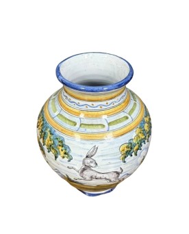 Le village de 58 brocanteurs - Talavera: vase en céramique peinte à la main à décors d'un lièvre et d'un oiseau