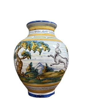 Le village de 58 brocanteurs - Talavera: vase en céramique peinte à la main à décors d'un lièvre et d'un oiseau