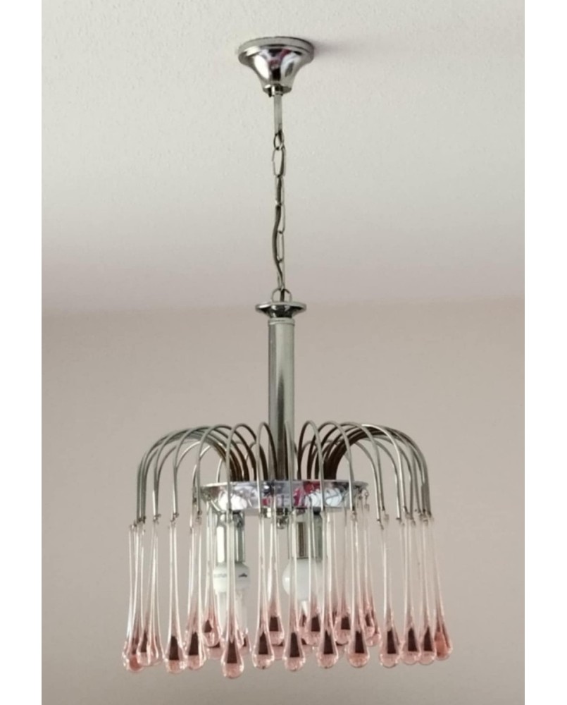 Le village de 58 brocanteurs - Paolo Venini : Lustre en cascade avec gouttes roses en verre de Murano