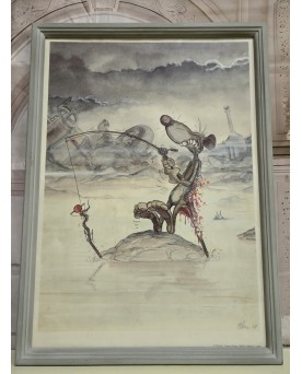 Le village de 58 brocanteurs - Affiche d'Art de Ptiluc : Face de rats - Dure pêche / signée et datée