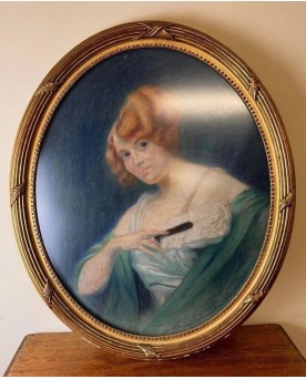 Le village de 58 brocanteurs - Très grand tableau au pastel en médaillon époque art nouveau vers 1900 /h 103cm