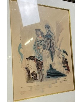 Le village de 58 brocanteurs - Lucien Fontanarosa 1912 - 1975 : tableau impression aquarellé avec cachet en creux