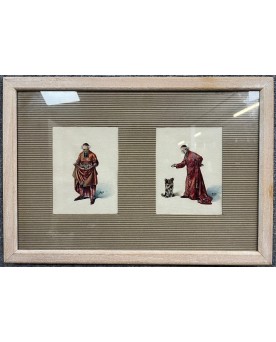 Le village de 58 brocanteurs - Deux aquarelles figurant un ecclésiastique et son chien