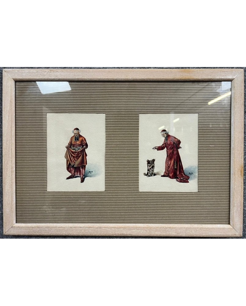 Le village de 58 brocanteurs - Deux aquarelles figurant un ecclésiastique et son chien